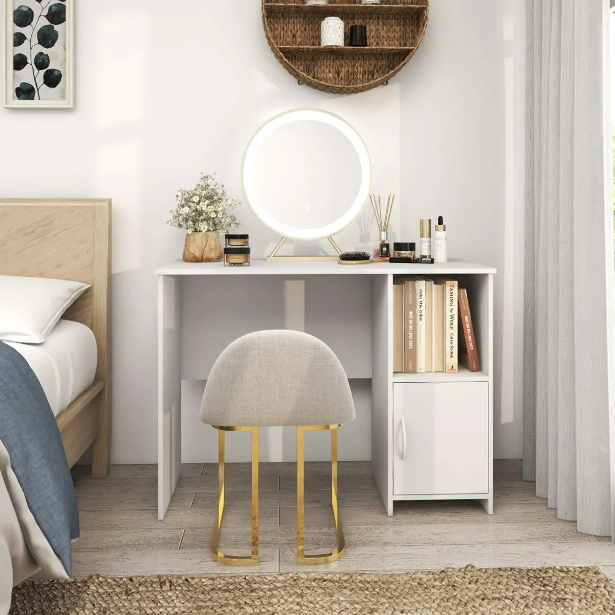 Tangkula White Desk with Cabinet & Open Shelf, Small Writing Study Desk with Cable Hole