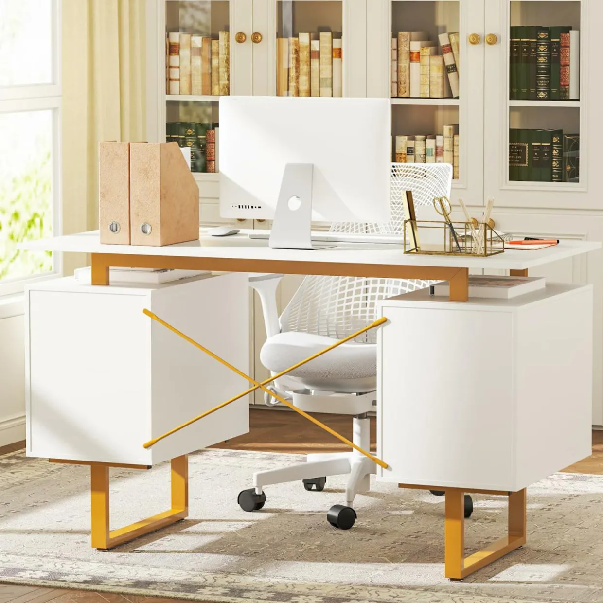 Tangkula White Desk with Storage Drawers & Cabinet, Home Office Computer Workstation with Floating Desktop