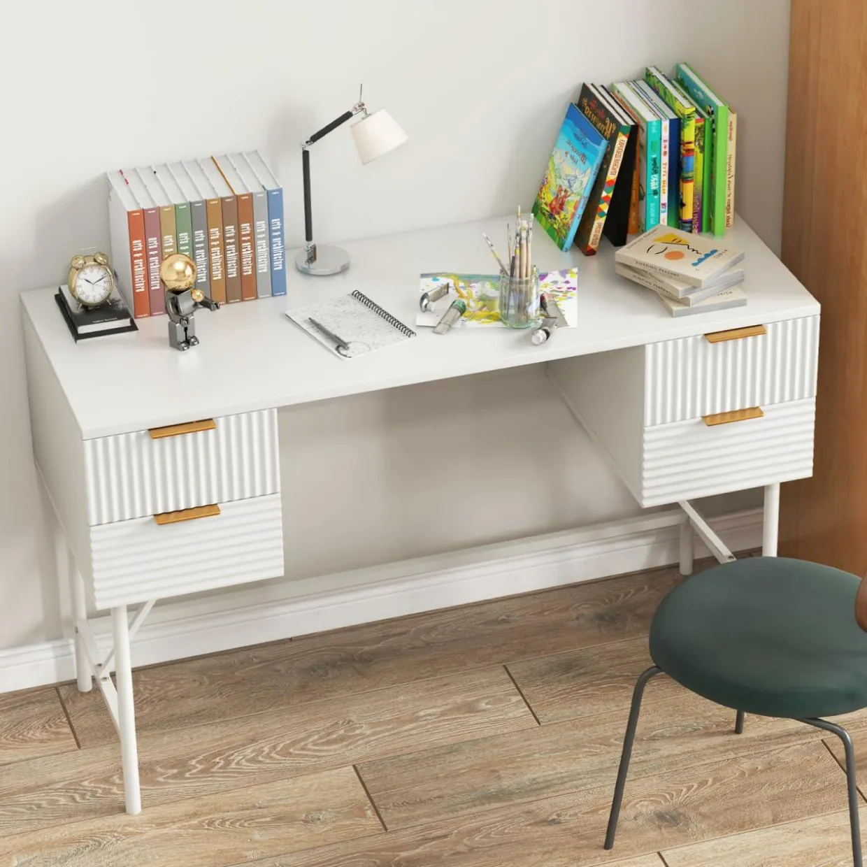 Tangkula White Desk with 4 Drawers, 48 Inch Home Office Desk with Storage, Writing Desk with Metal Frame for Bedroom, Study, Office