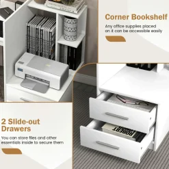Tangkula White Desk with 2 Storage Drawers & Bookshelf