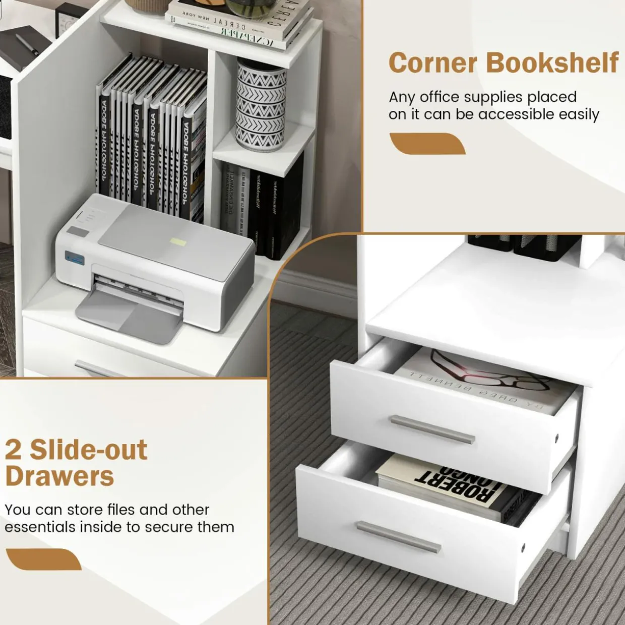 Tangkula White Desk with 2 Storage Drawers & Bookshelf