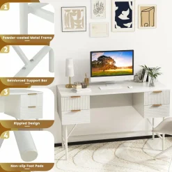 Tangkula White Desk with 4 Drawers, 48 Inch Home Office Desk with Storage, Writing Desk with Metal Frame for Bedroom, Study, Office