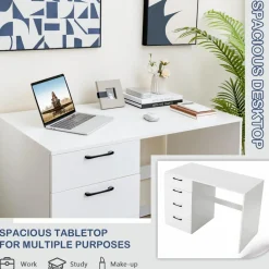 Tangkula White Desk with 4 Storage Drawers