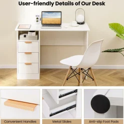 Tangkula White Desk with 3 Drawers & Built-in Charge Station, Home Office Desk with Open Storage Shelf