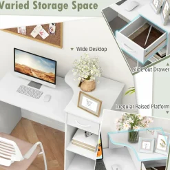 Tangkula White Desk with Storage Drawer & Shelves, Modern Computer Desk with Adjustable Shelf & Cable Hole, White