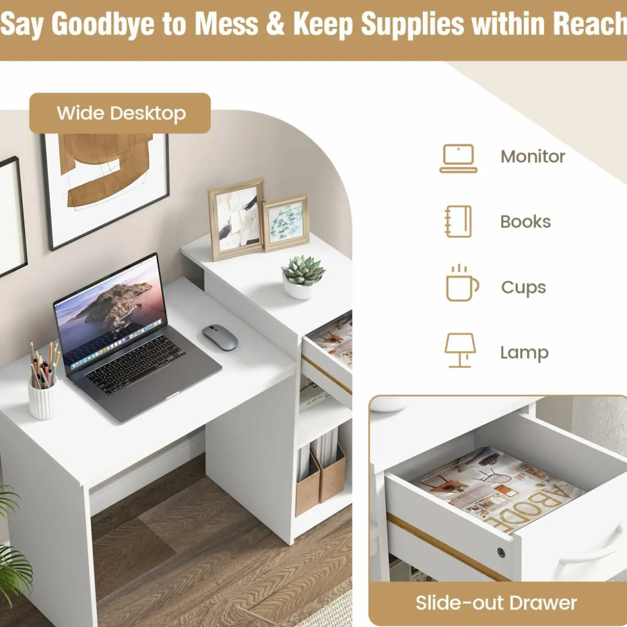 Tangkula White Desk with Drawer, Modern Computer Desk with Adjustable Shelf & Cable Hole, Wooden Computer Workstation for Home or Office