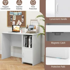 Tangkula White Desk with Cabinet & Open Shelf, Small Writing Study Desk with Cable Hole
