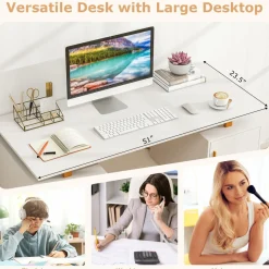Tangkula White Desk with Storage Drawers & Cabinet, Home Office Computer Workstation with Floating Desktop