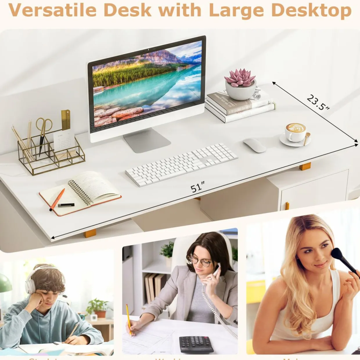 Tangkula White Desk with Storage Drawers & Cabinet, Home Office Computer Workstation with Floating Desktop