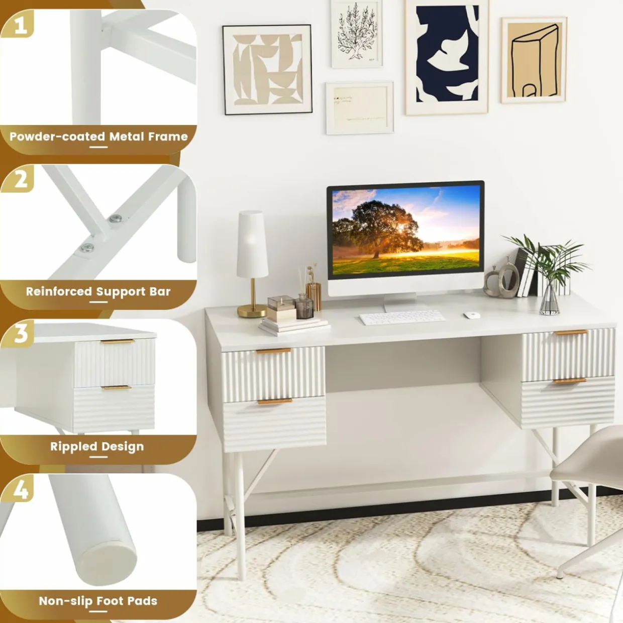 Tangkula White Desk with 4 Drawers, 48 Inch Home Office Desk with Storage, Writing Desk with Metal Frame for Bedroom, Study, Office