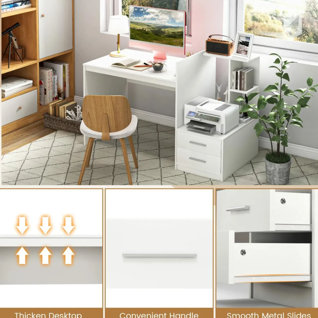 Tangkula White Desk with 2 Storage Drawers & Bookshelf