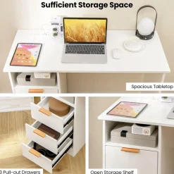 Tangkula White Desk with 3 Drawers & Built-in Charge Station, Home Office Desk with Open Storage Shelf