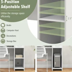 Tangkula White Desk with Storage Drawer & Shelves, Modern Computer Desk with Adjustable Shelf & Cable Hole, White
