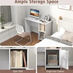 Tangkula White Desk with Cabinet & Open Shelf, Small Writing Study Desk with Cable Hole