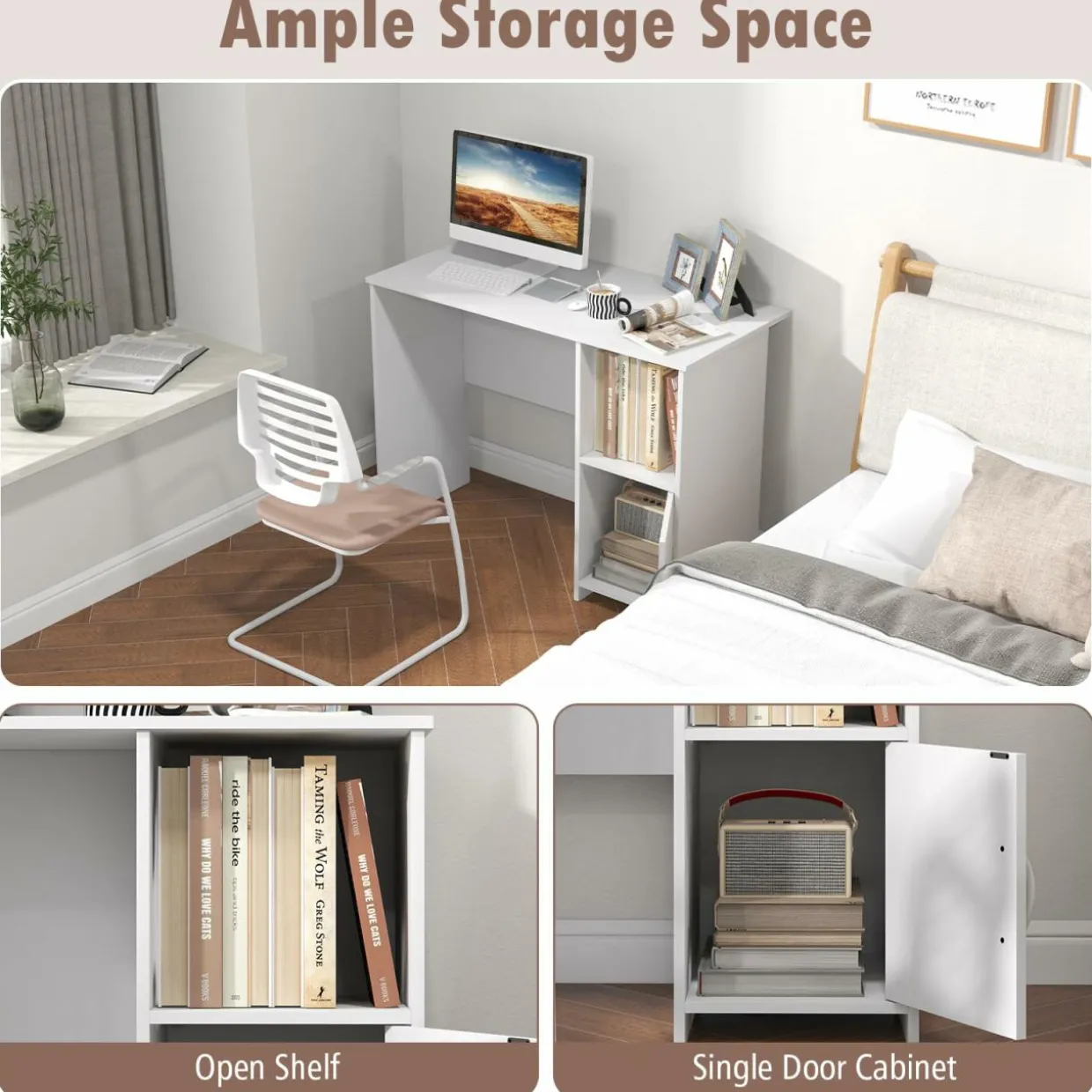 Tangkula White Desk with Cabinet & Open Shelf, Small Writing Study Desk with Cable Hole