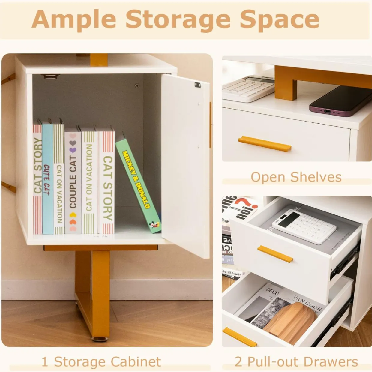 Tangkula White Desk with Storage Drawers & Cabinet, Home Office Computer Workstation with Floating Desktop