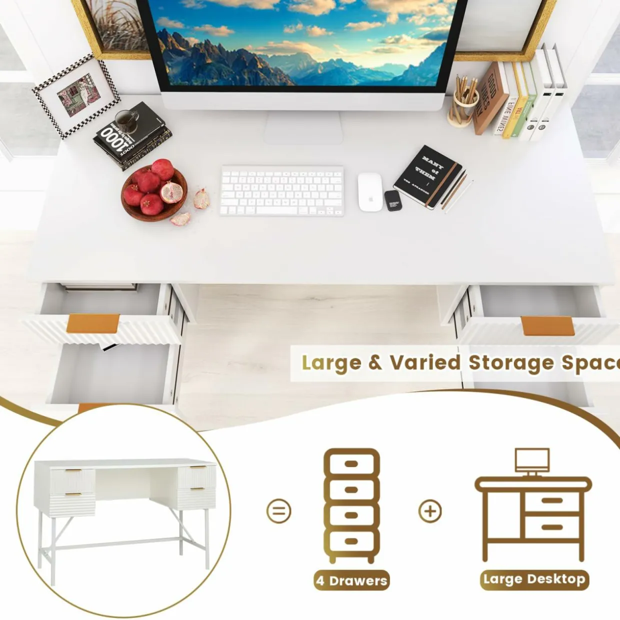 Tangkula White Desk with 4 Drawers, 48 Inch Home Office Desk with Storage, Writing Desk with Metal Frame for Bedroom, Study, Office