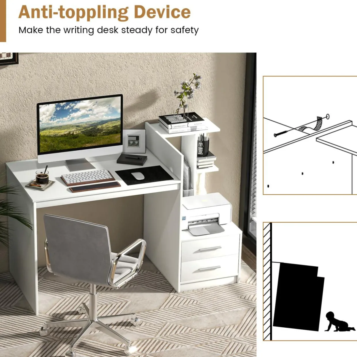 Tangkula White Desk with 2 Storage Drawers & Bookshelf