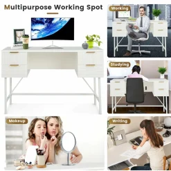 Tangkula White Desk with 4 Drawers, 48 Inch Home Office Desk with Storage, Writing Desk with Metal Frame for Bedroom, Study, Office