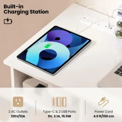 Tangkula White Desk with 3 Drawers & Built-in Charge Station, Home Office Desk with Open Storage Shelf