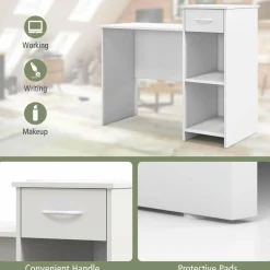 Tangkula White Desk with Storage Drawer & Shelves, Modern Computer Desk with Adjustable Shelf & Cable Hole, White