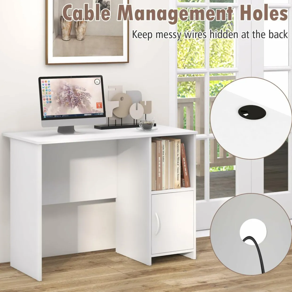 Tangkula White Desk with Cabinet & Open Shelf, Small Writing Study Desk with Cable Hole