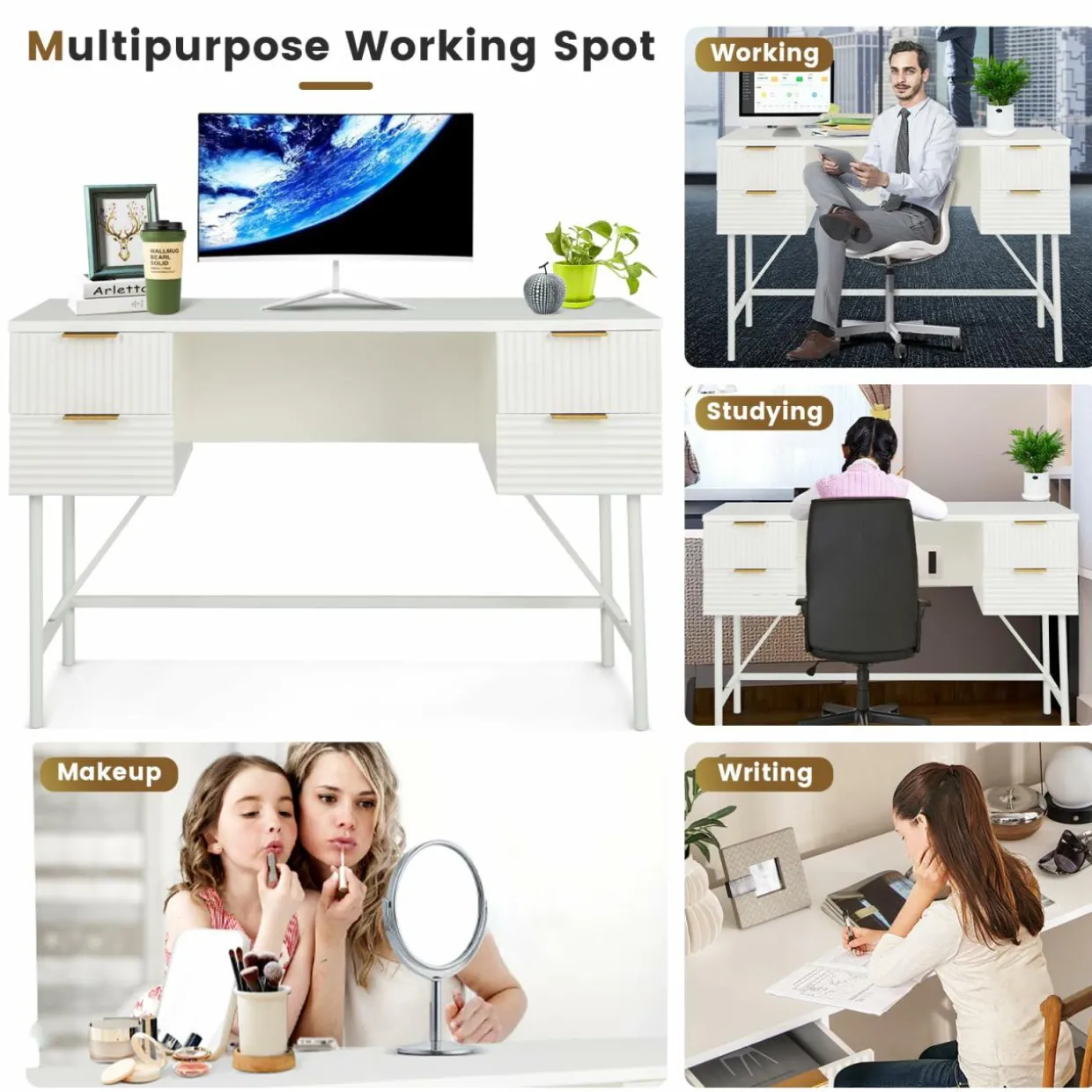Tangkula White Desk with 4 Drawers, 48 Inch Home Office Desk with Storage, Writing Desk with Metal Frame for Bedroom, Study, Office