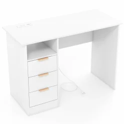 Tangkula White Desk with 3 Drawers & Built-in Charge Station, Home Office Desk with Open Storage Shelf