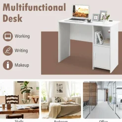 Tangkula White Desk with Cabinet & Open Shelf, Small Writing Study Desk with Cable Hole
