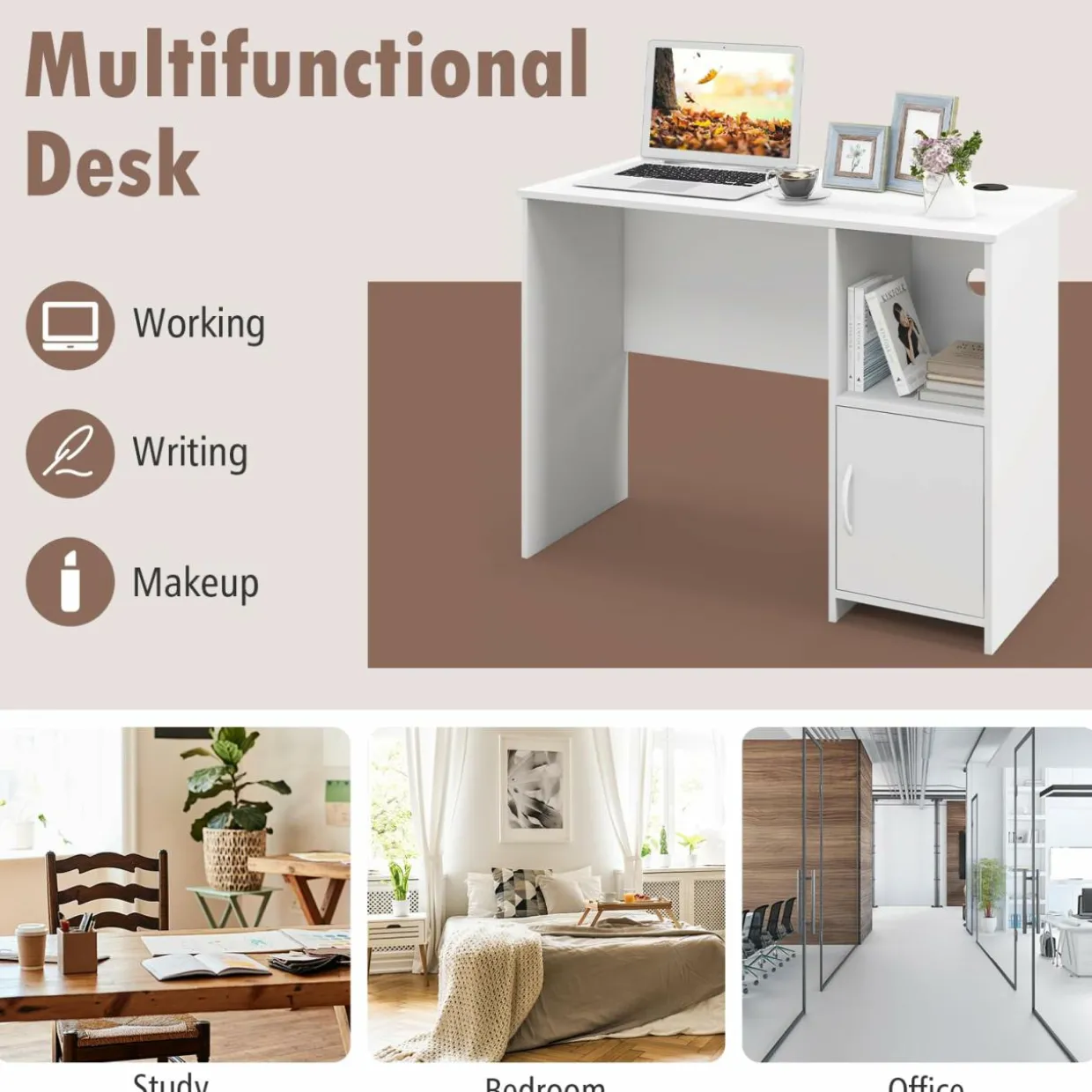 Tangkula White Desk with Cabinet & Open Shelf, Small Writing Study Desk with Cable Hole