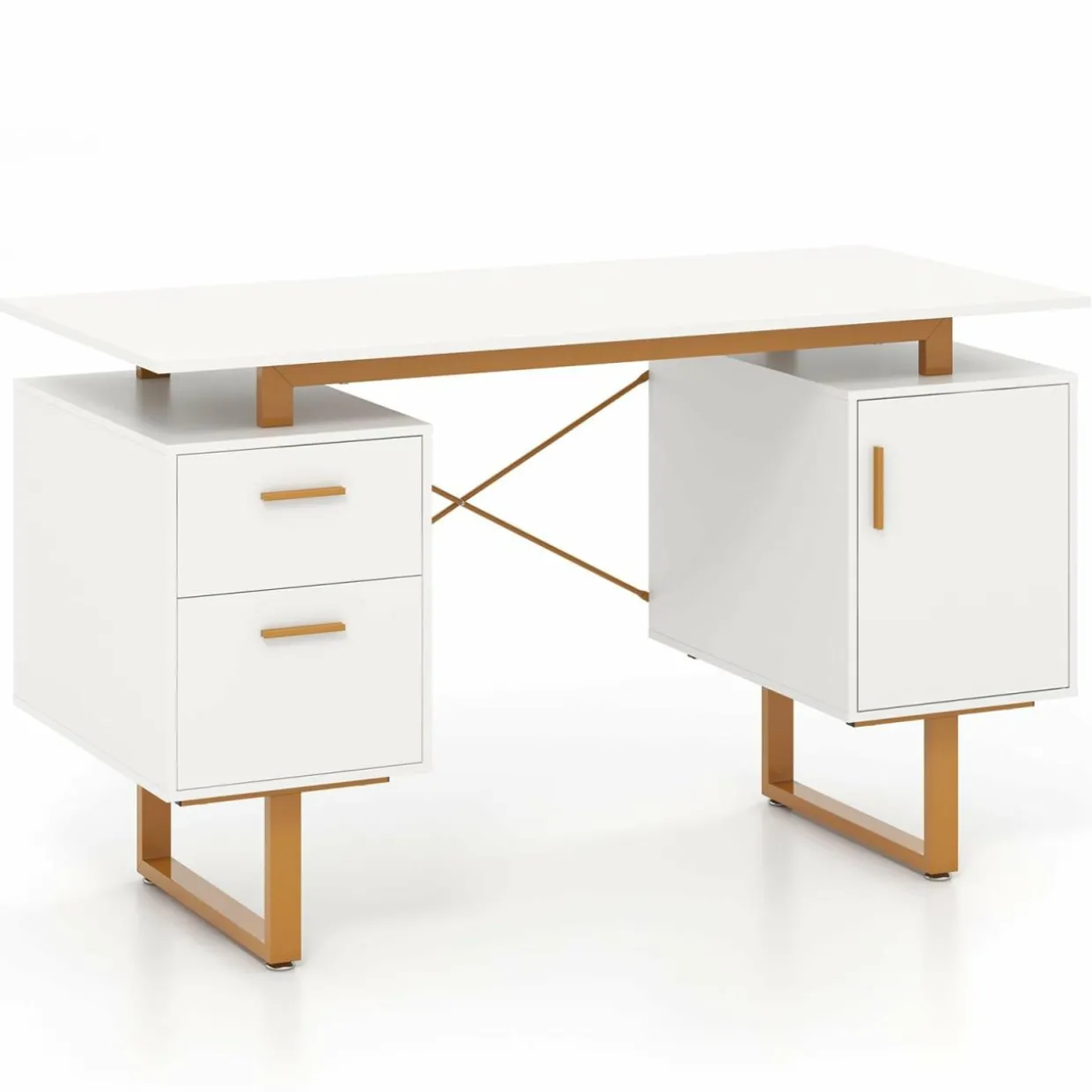 Tangkula White Desk with Storage Drawers & Cabinet, Home Office Computer Workstation with Floating Desktop