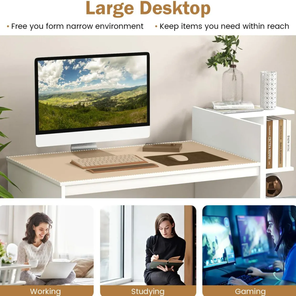 Tangkula White Desk with 2 Storage Drawers & Bookshelf