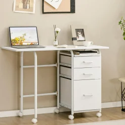 Tangkula White Folding Desk with 3 Drawers, Mobile Home Office Desk, Portable Laptop Desk Writing Table