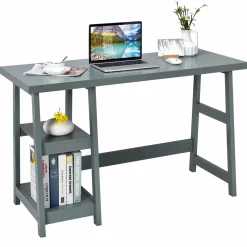 Tangkula White Trestle Computer Desk, 47.5 Inches Modern Home Office Desk w/ 2-Tier Storage Shelves