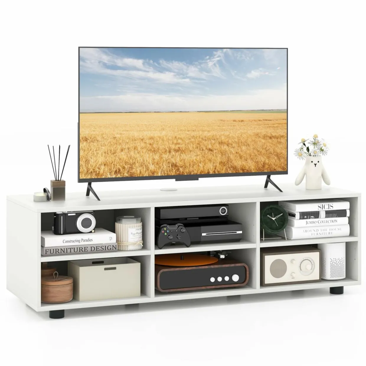 Tangkula White TV Stand for TVs up to 50”, Modern Media Entertainment Center with 3 Adjustable Shelves and Cable Management Hole
