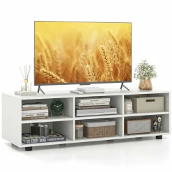 Tangkula White TV Stand for TV up to 55 Inch, TV Console Table with 6 Cubbies, 5 Positions Adjustable Shelves