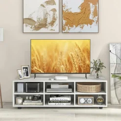 Tangkula White TV Stand for TV up to 55 Inch, TV Console Table with 6 Cubbies, 5 Positions Adjustable Shelves