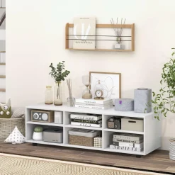 Tangkula White TV Stand for TV up to 55 Inch, TV Console Table with 6 Cubbies, 5 Positions Adjustable Shelves