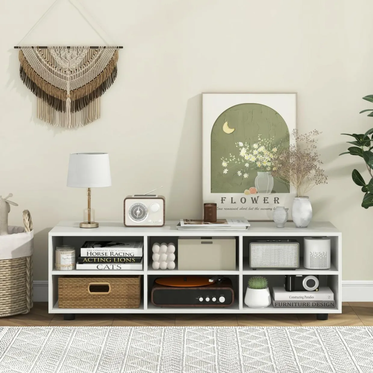 Tangkula White TV Stand for TVs up to 50”, Modern Media Entertainment Center with 3 Adjustable Shelves and Cable Management Hole