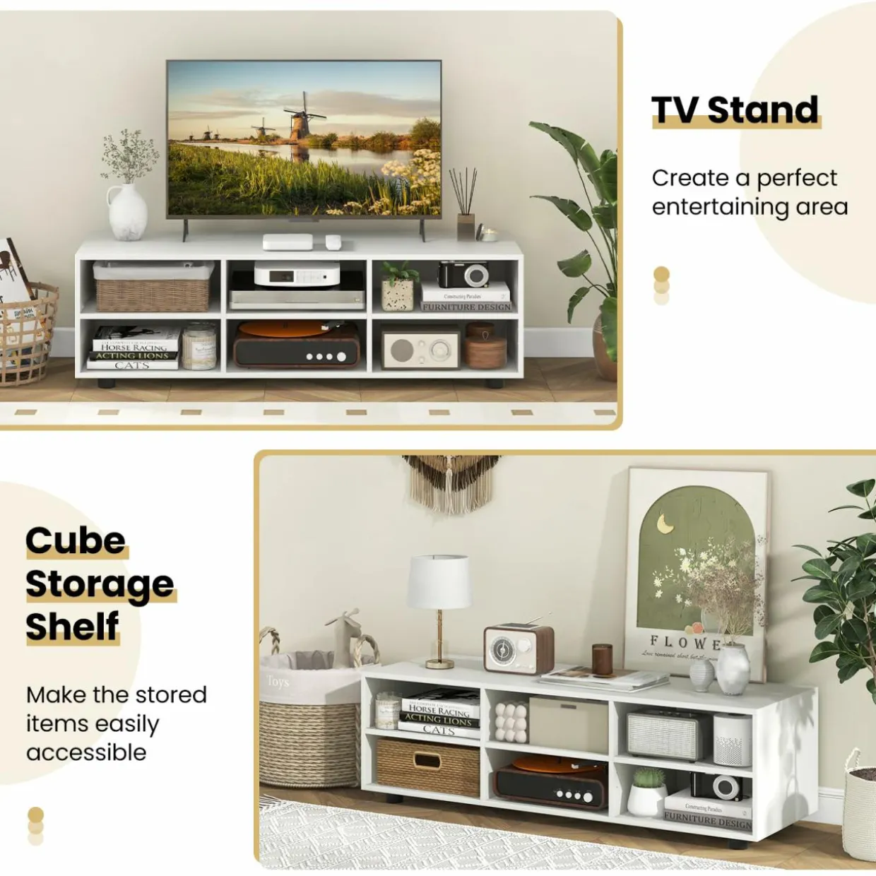 Tangkula White TV Stand for TVs up to 50”, Modern Media Entertainment Center with 3 Adjustable Shelves and Cable Management Hole