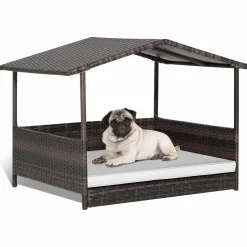 Tangkula Wicker Dog House, Indoor Outdoor Raised Rattan Dog Bed