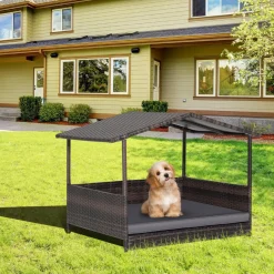 Tangkula Wicker Dog House, Indoor Outdoor Raised Rattan Dog Bed