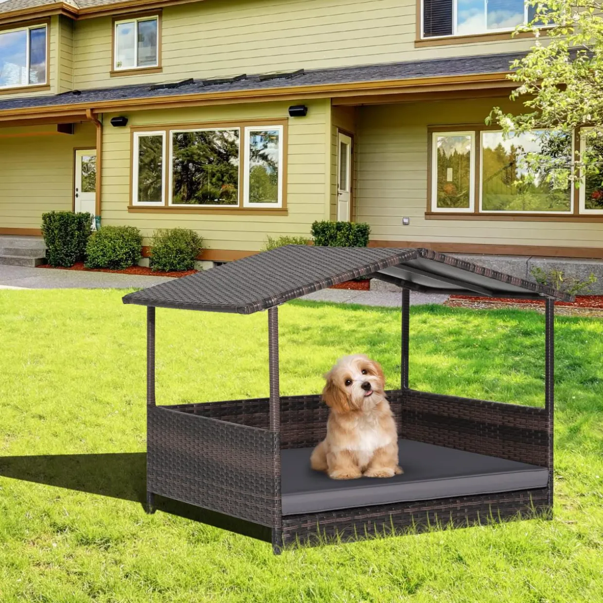 Tangkula Wicker Dog House, Indoor Outdoor Raised Rattan Dog Bed