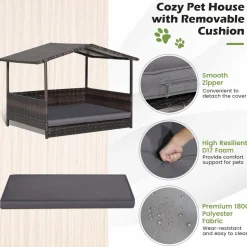 Tangkula Wicker Dog House, Indoor Outdoor Raised Rattan Dog Bed