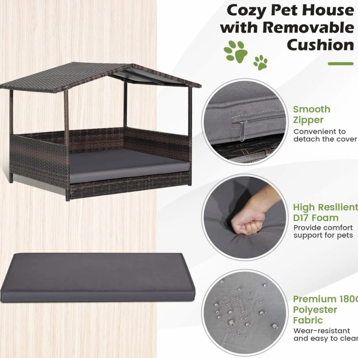 Tangkula Wicker Dog House, Indoor Outdoor Raised Rattan Dog Bed