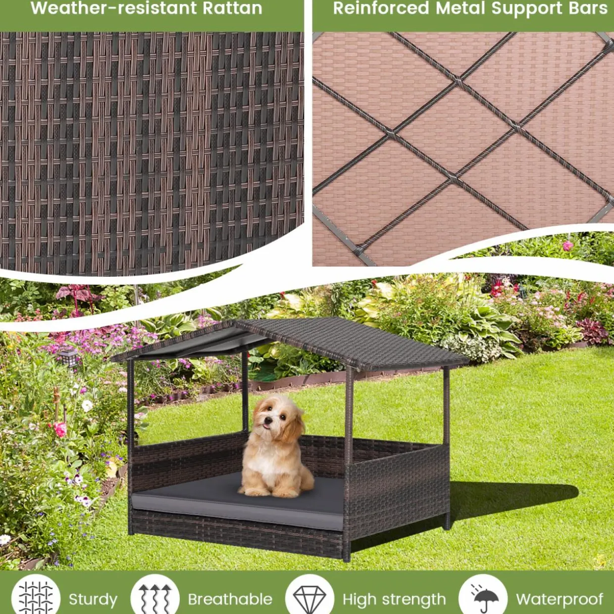 Tangkula Wicker Dog House, Indoor Outdoor Raised Rattan Dog Bed