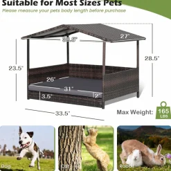 Tangkula Wicker Dog House, Indoor Outdoor Raised Rattan Dog Bed
