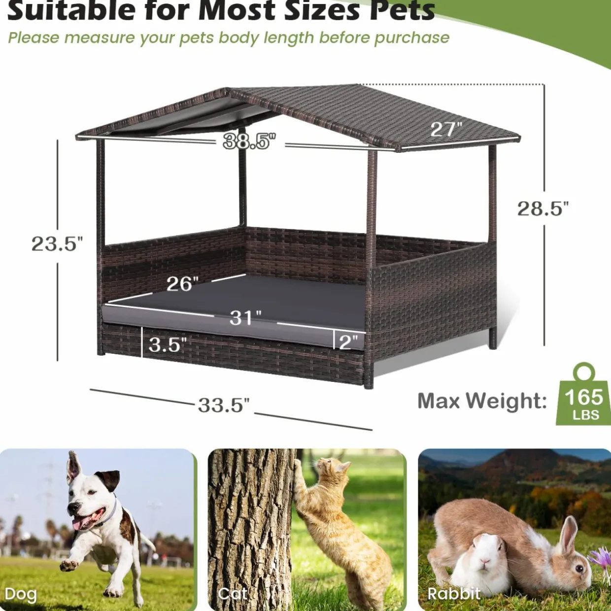 Tangkula Wicker Dog House, Indoor Outdoor Raised Rattan Dog Bed