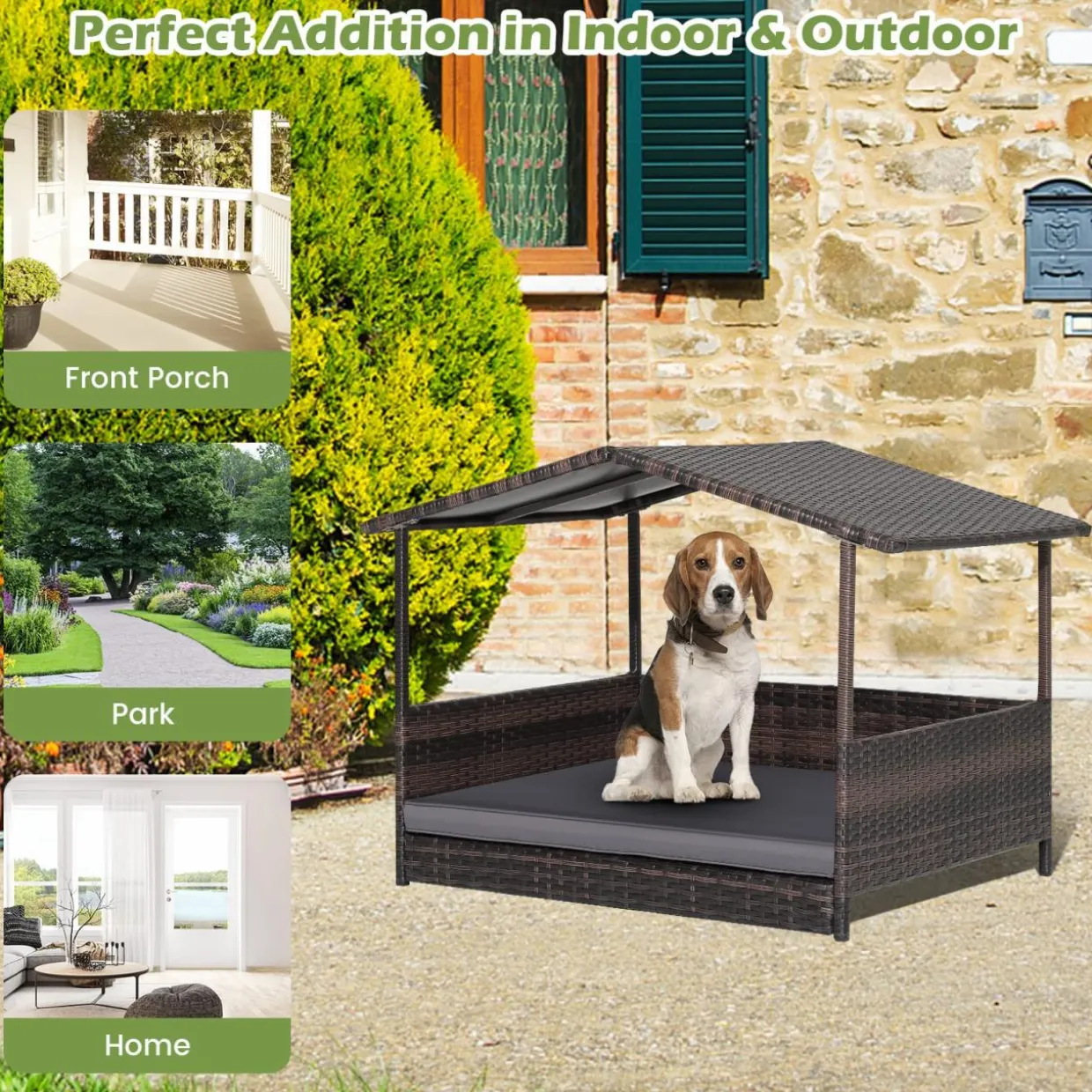Tangkula Wicker Dog House, Indoor Outdoor Raised Rattan Dog Bed