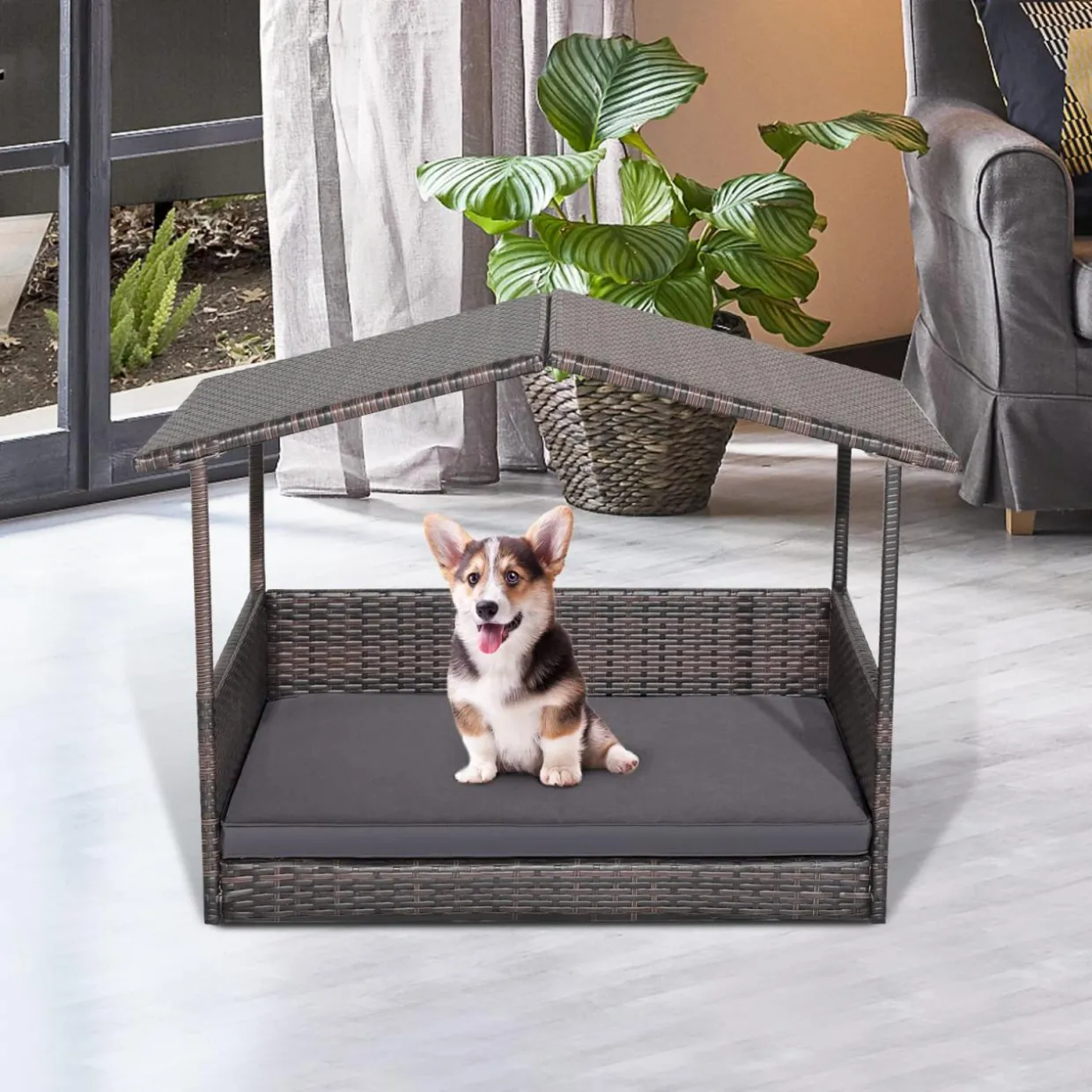 Tangkula Wicker Dog House, Indoor Outdoor Raised Rattan Dog Bed